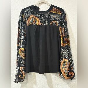 Umgee Black Boho Style Blouse with Sheer Paisley Burnout Sleeves